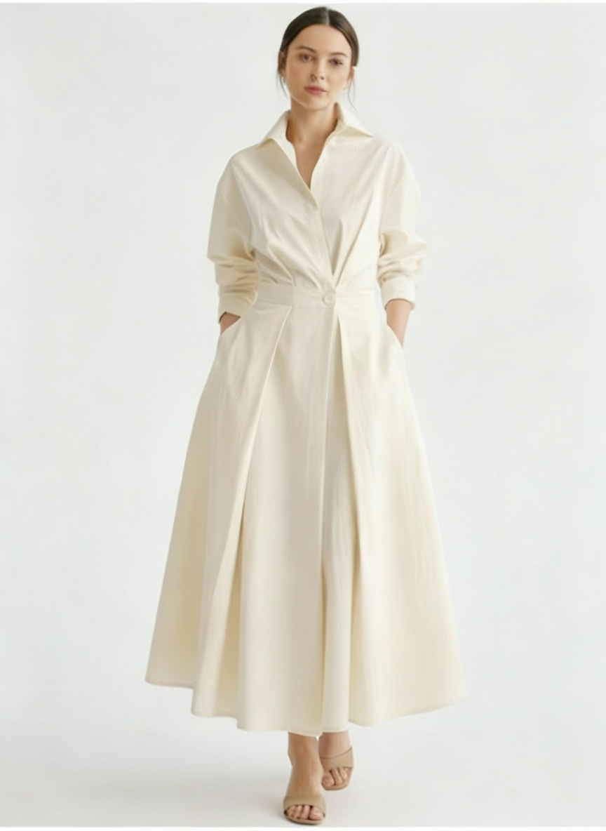 Clemence | Elegant Midikjole med Knaplukning Langærmet Kjole Dress